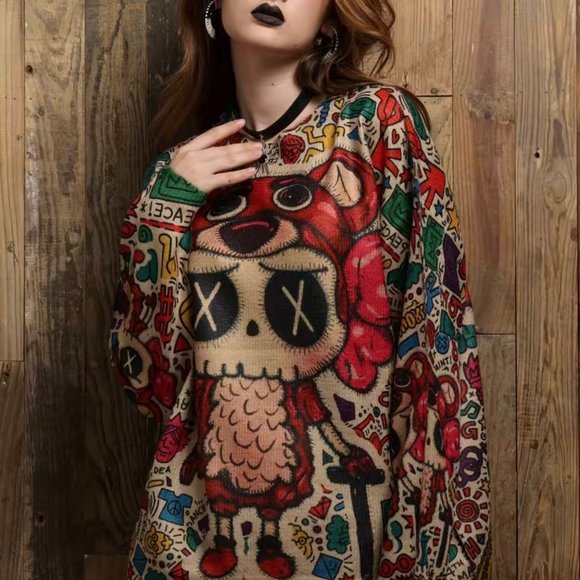 Womens Sweater With Multicolored Designs Small S Stretch Round Neck Print Logo - Picture 3 of 15